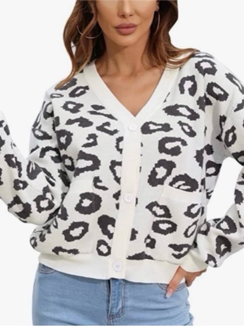 NWT Liumilac White Cardigan with Leopard Print, Sz L